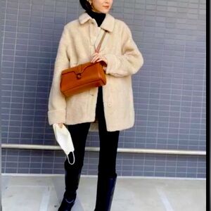 COS Womens Cream Beige Sherpa Teddy Jacket button Down Size 8 Wool‎ Cotton blend